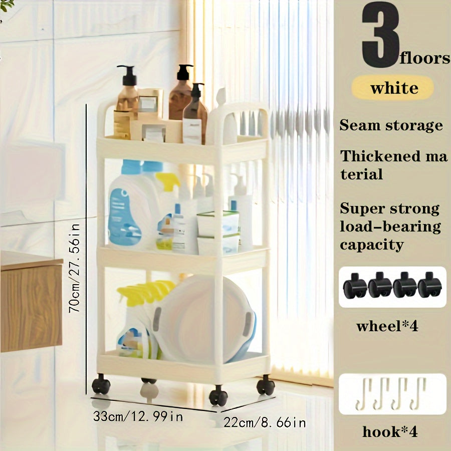 3-Tier Rolling Storage Cart with Movable Drain Shelf for Kitchen and Bathroom