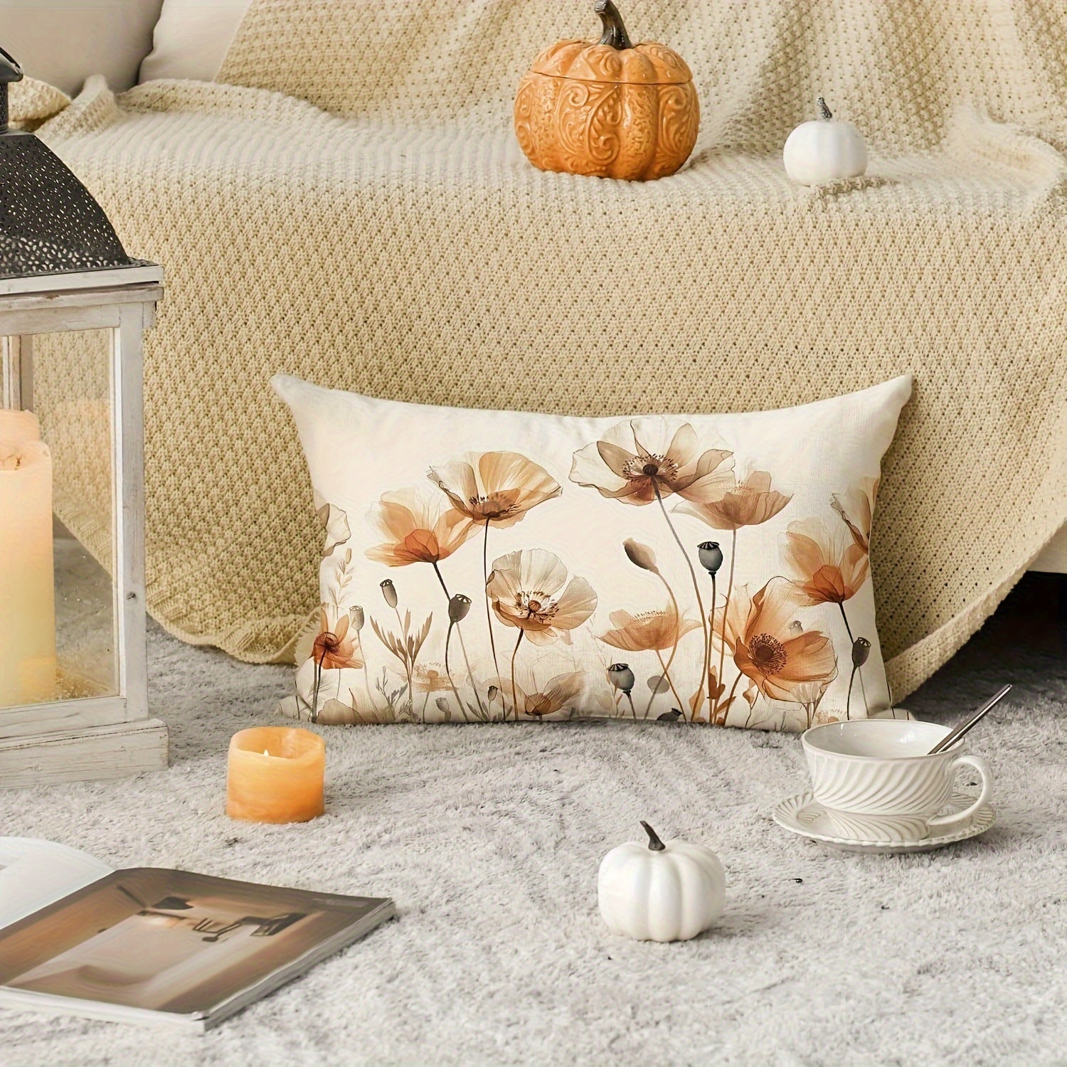 Autumn Poppy Floral Throw Pillow Cover 30x50 Linen Blend Fall Orange Brown