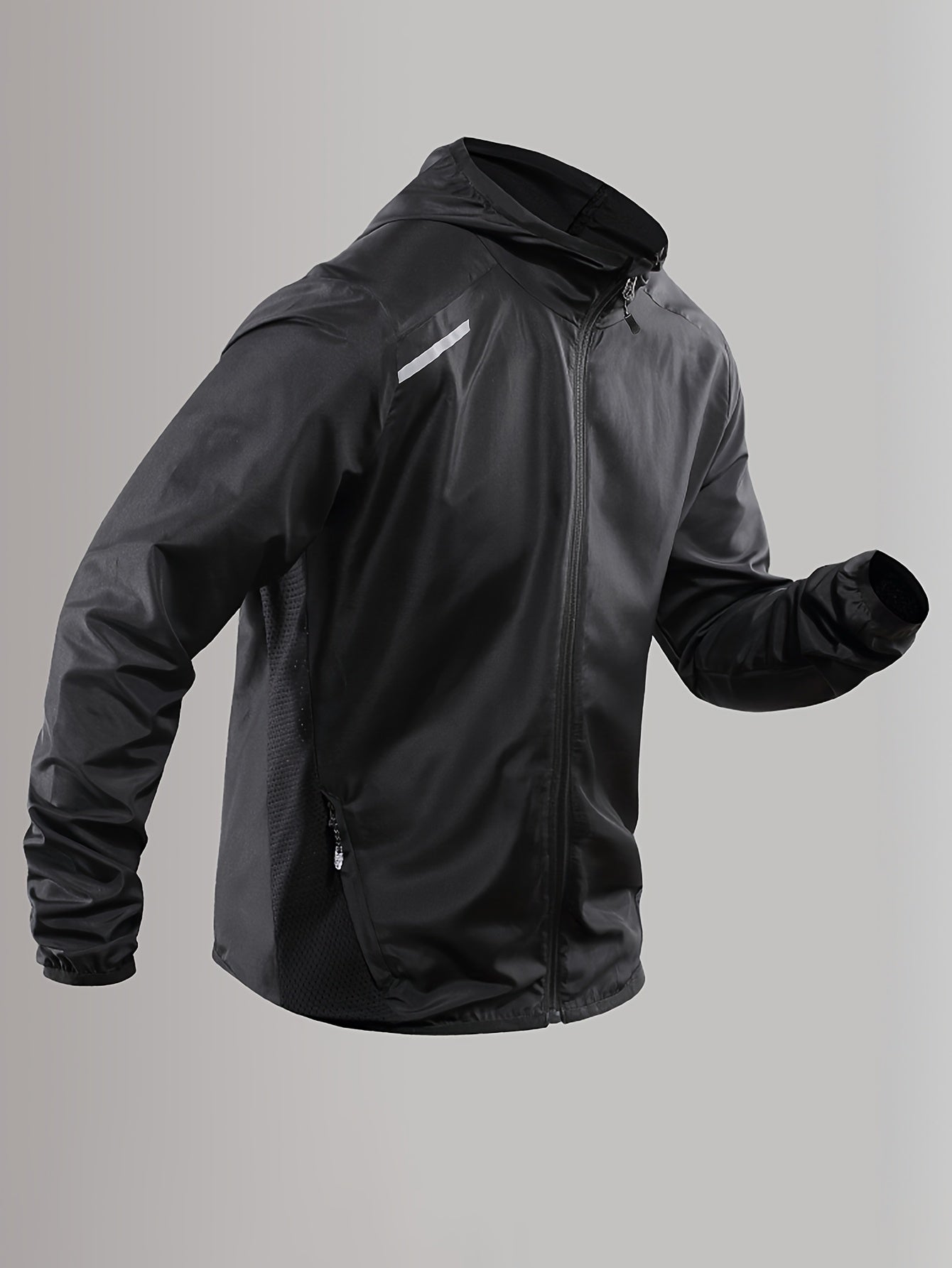 Men's Lightweight Windproof Hooded Jacket with Reflective Straps Mesh Panels Geometric Pattern