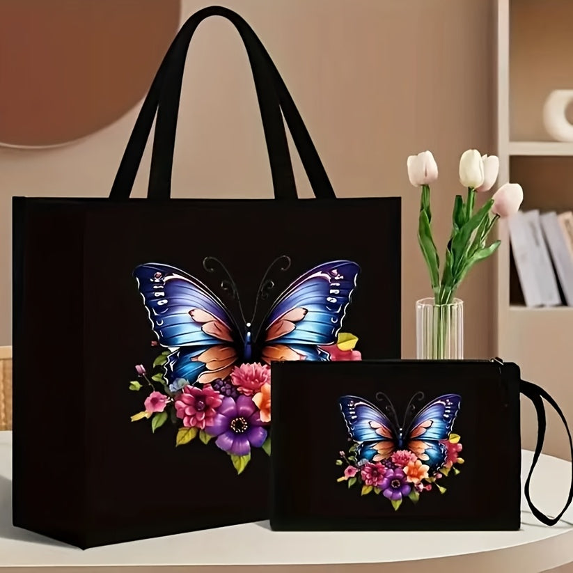 Handbag and Wallet Set with Butterfly and Floral Print Durable Shoulder Strap Magnetic Closure