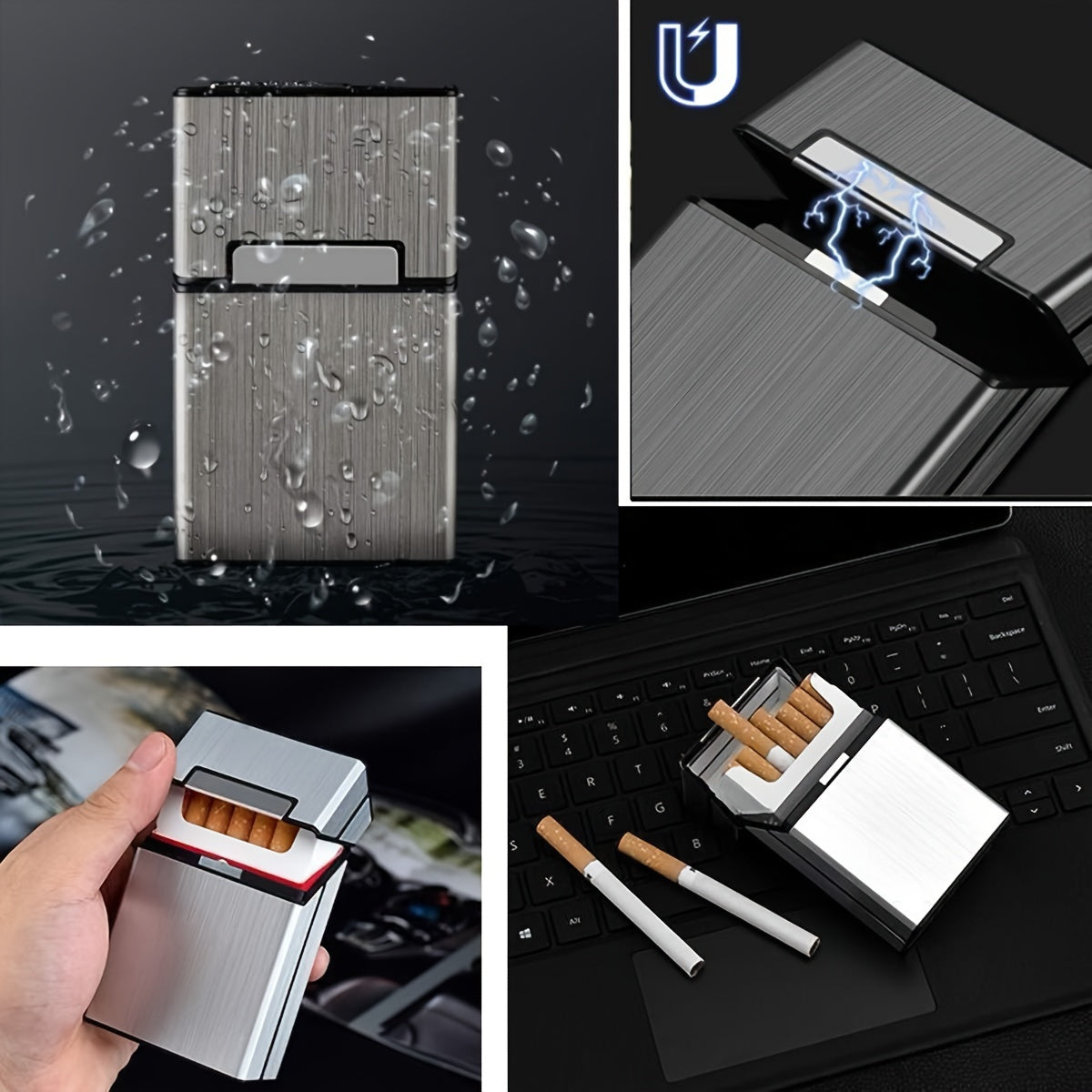 Hombre y mujer metal cepillado estuche para cigarrillos con imán y apertura giratoria para 20 cigarrillos
