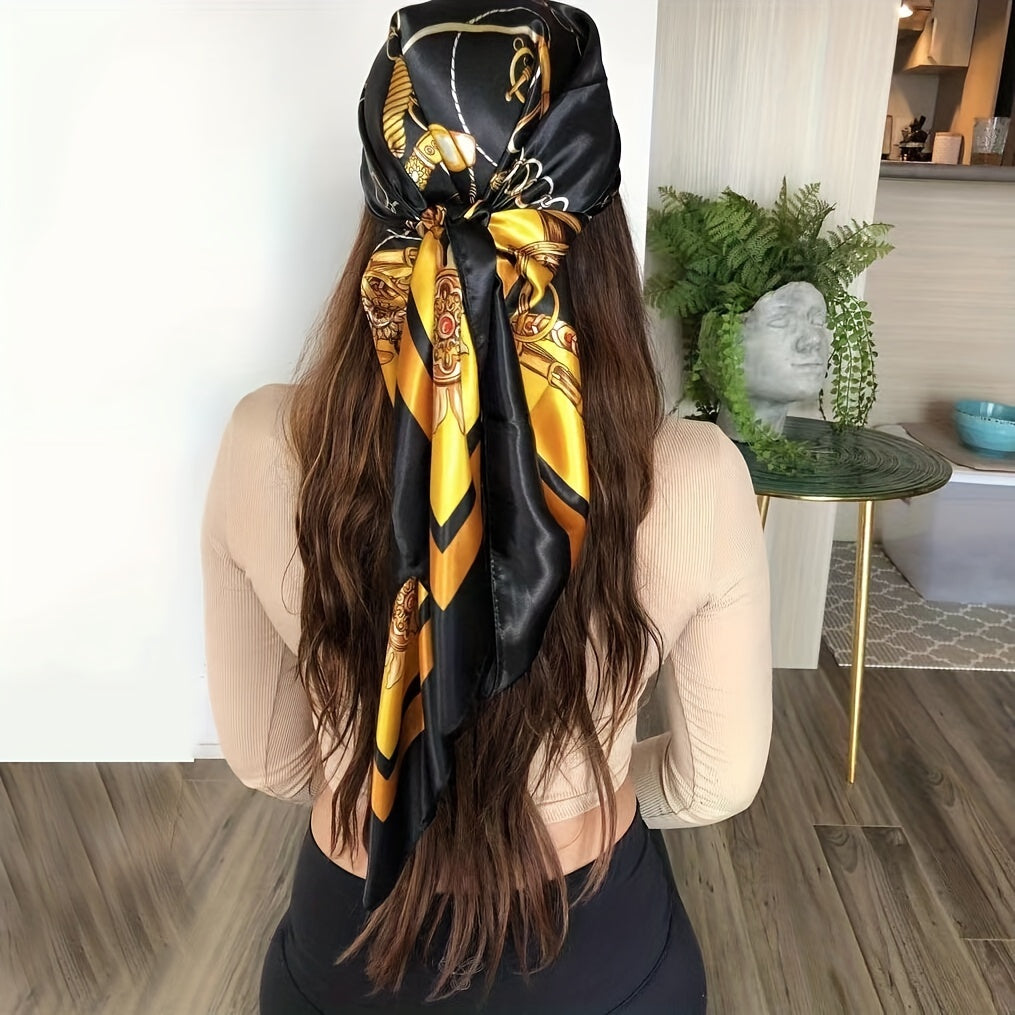 Colorful Block Printed Square Scarf 69.85cm Satin Neck Headscarf for Women