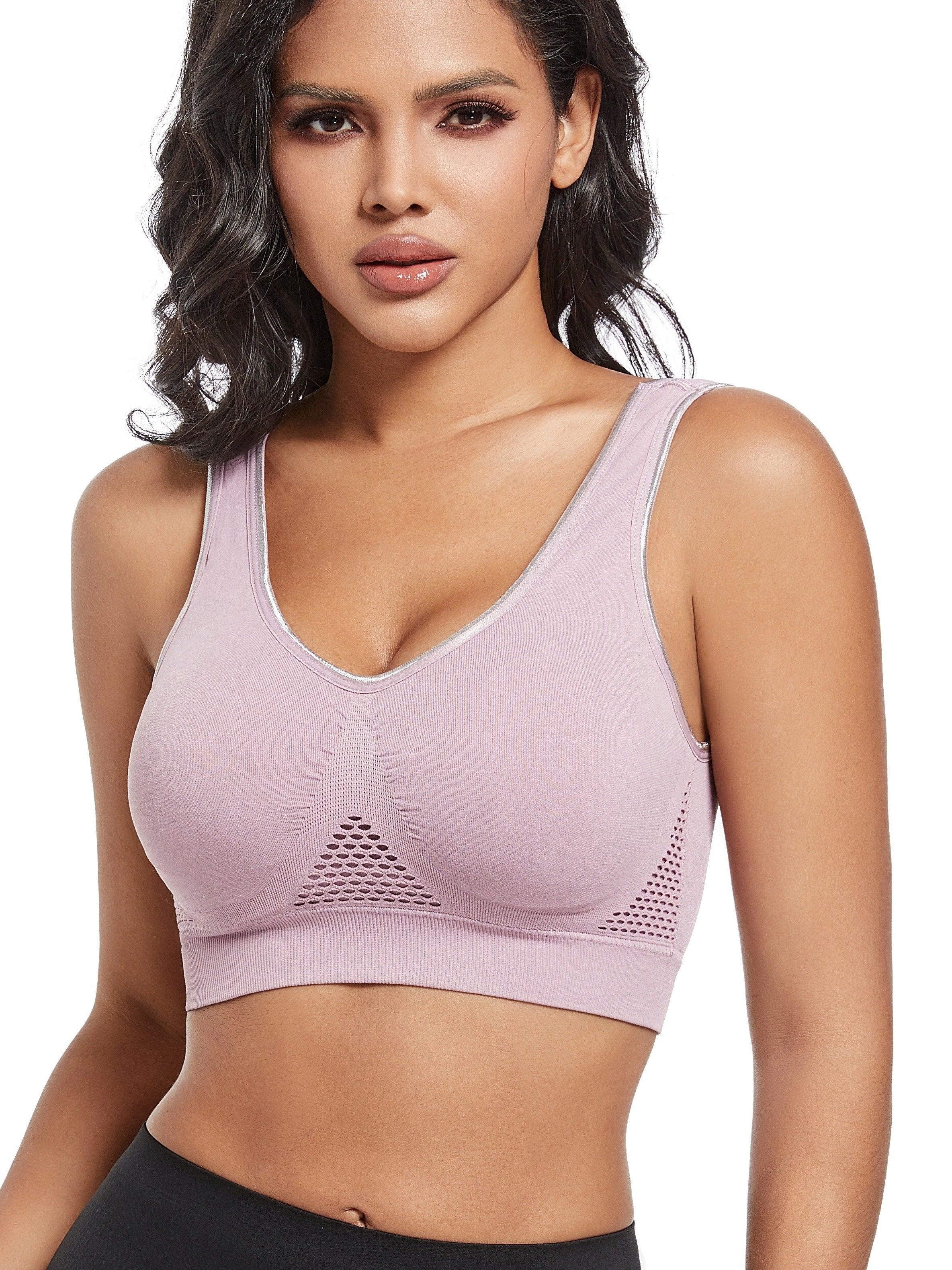 Plus o'lcham ayollar uchun nafas oladigan tarmoq V-shaklli sport bra yoga uchun kundalik kiyim