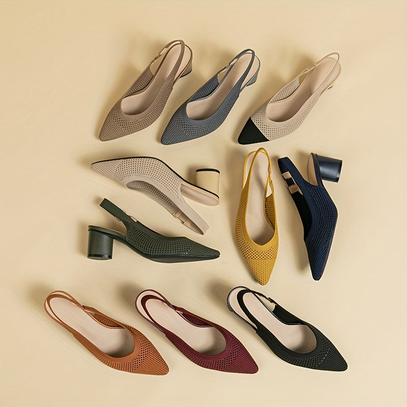 Women's Knitted Block Heel Sandals with Pointed Toe Elastic Strap and Slingback