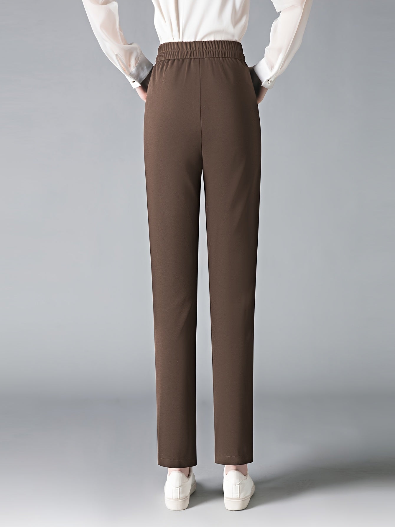 Plus Size Women's High-Waisted Stretch Pants Straight-Leg Dark Brown Black All-Season Formal Casual