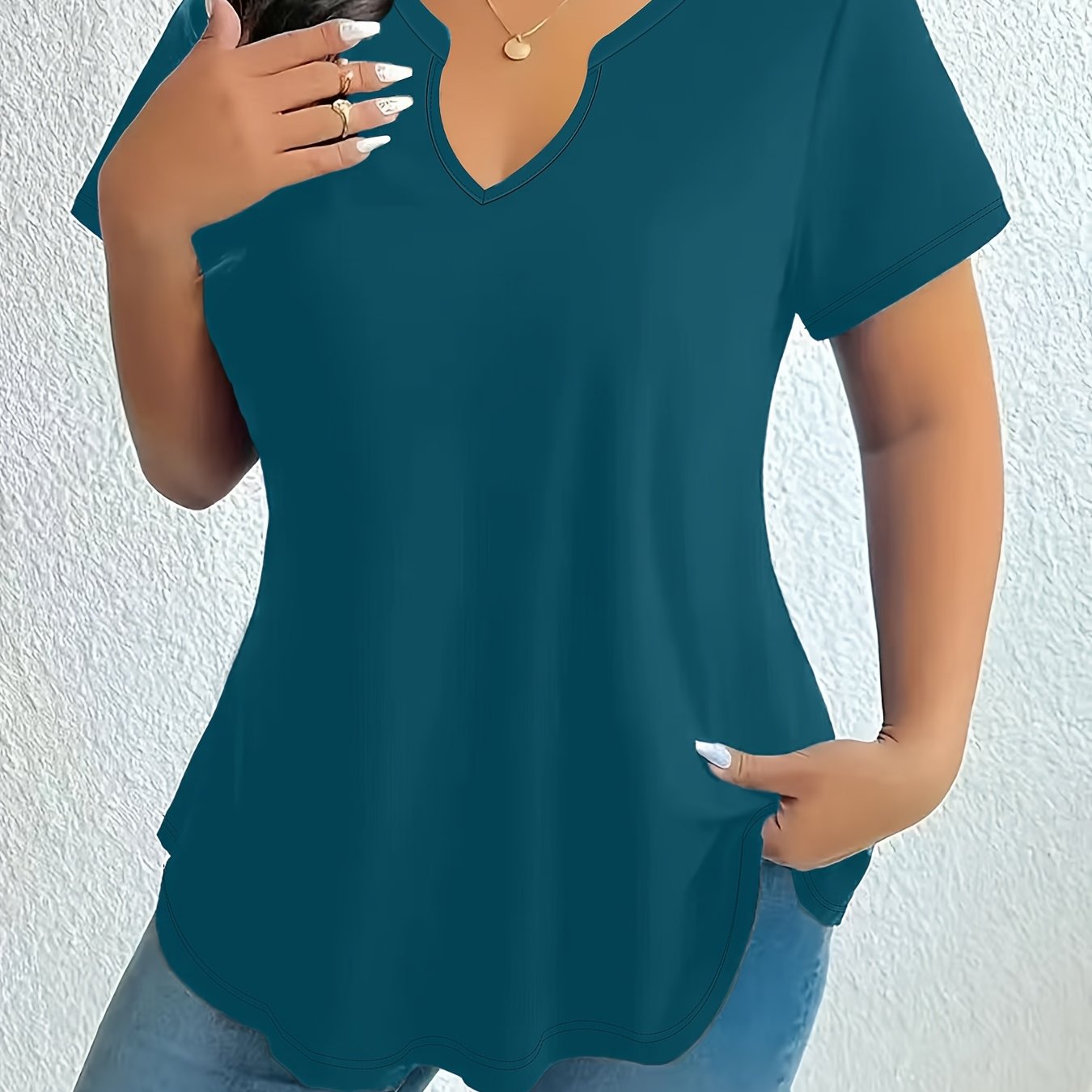 Plus Size Women's Teal Blouse Stretchy Stand-Up Collar Office Top
