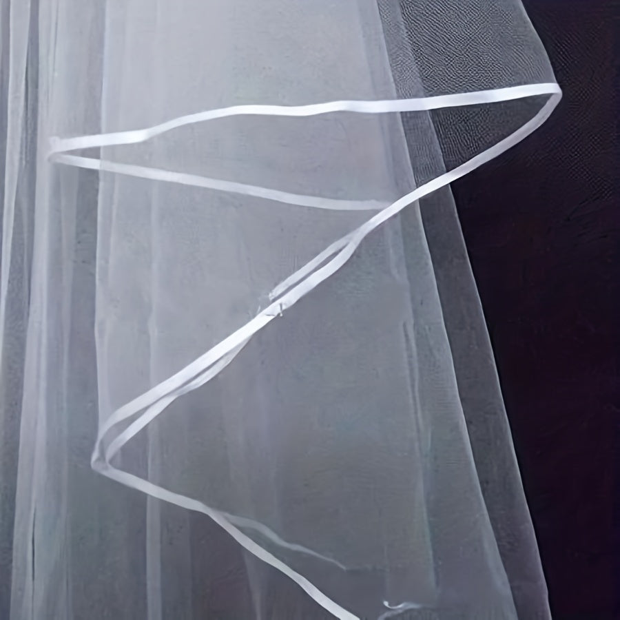 White Bridal Veil with 2 Layers of Ribbon Edge Wedding Accessories