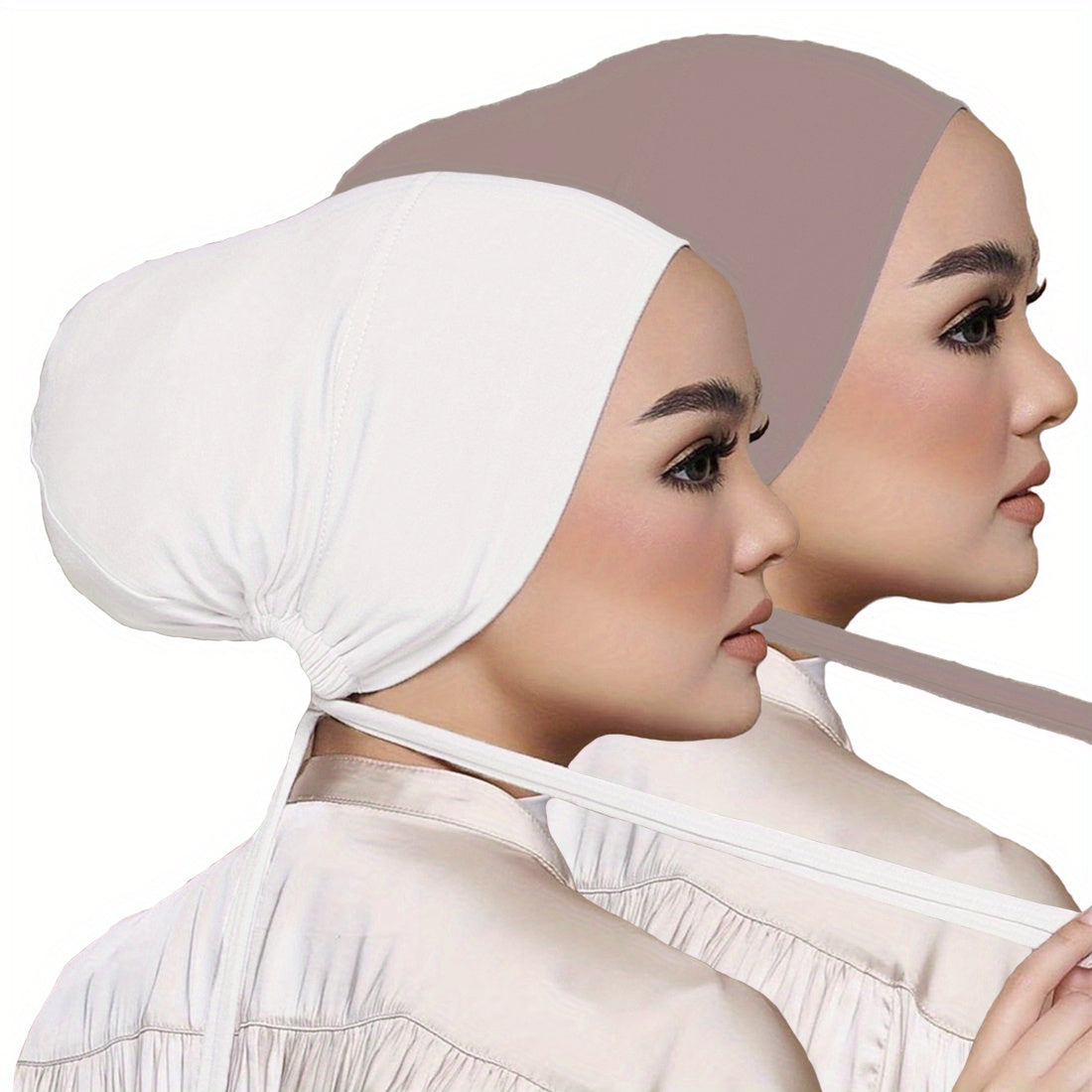 Set of 2 Solid Color Tied Back Undercaps with Elastic Inner Hijab Caps for Women