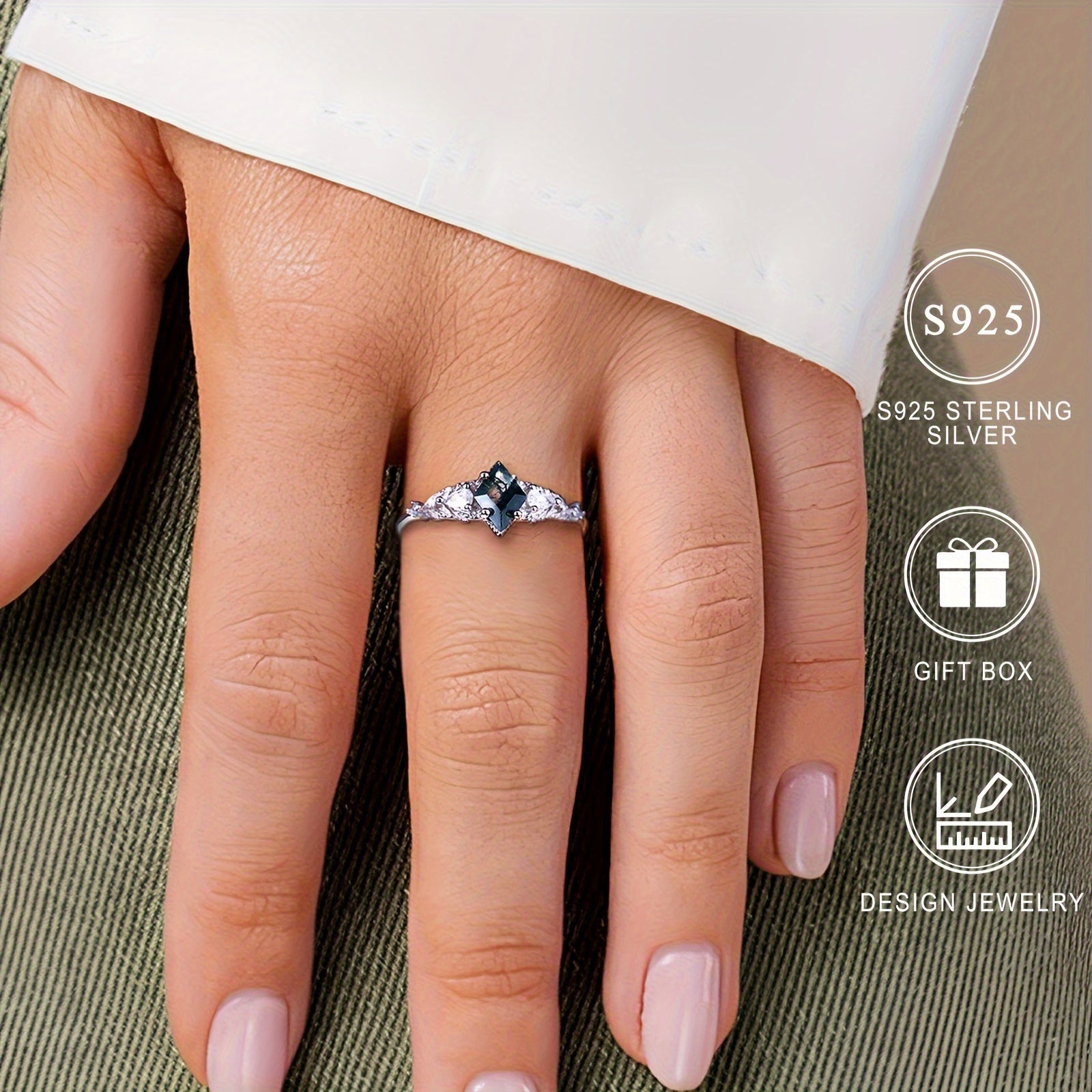 Кольцо из стерлингового серебра с геометрическим фасетированным дизайном из мохового агата для женщин