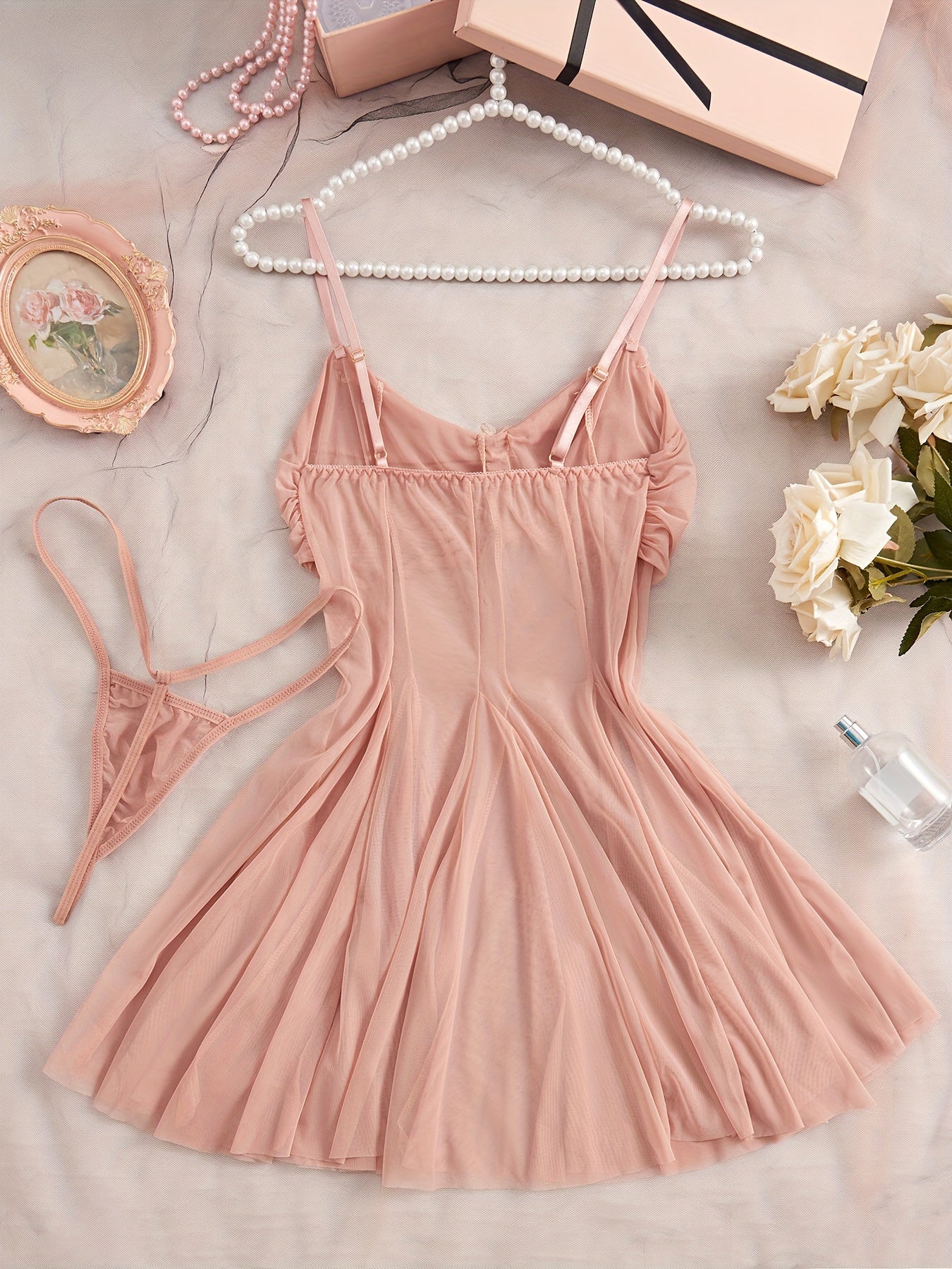 Women's Sexy Lingerie Set with Thong Skirt and Panties Black Satin