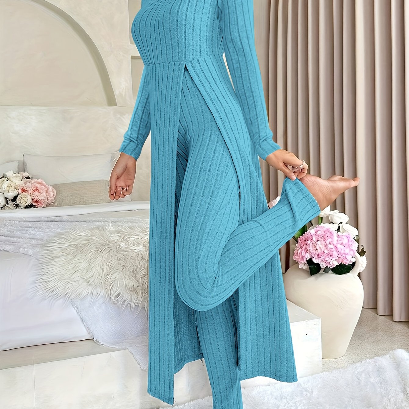 Women's Ribbed Long-Sleeved Top and Pants Set Polyester Solid Casual All-Season