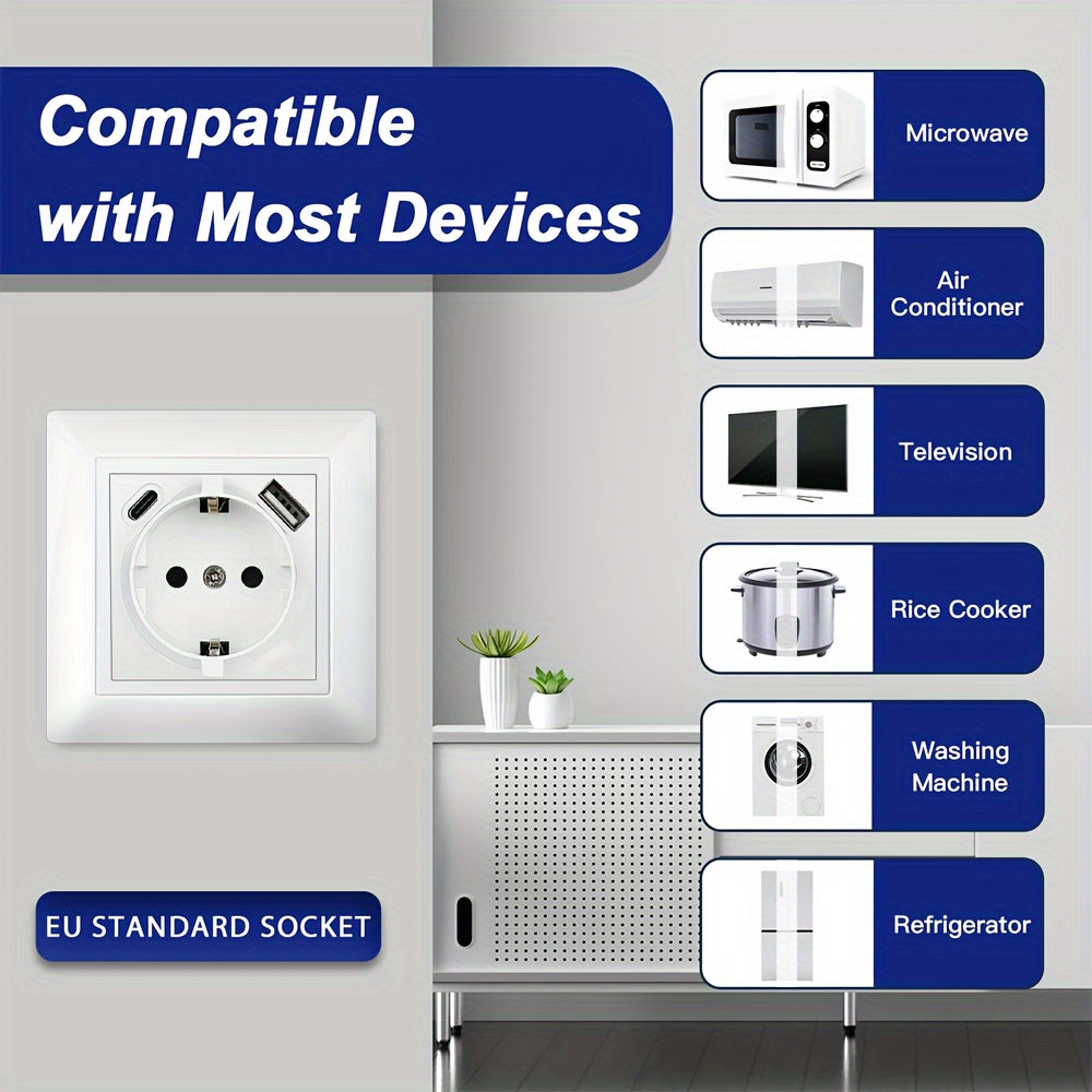 EU USB Type-C Wall Socket 220V Hard-Wired for Round Box Compatibility