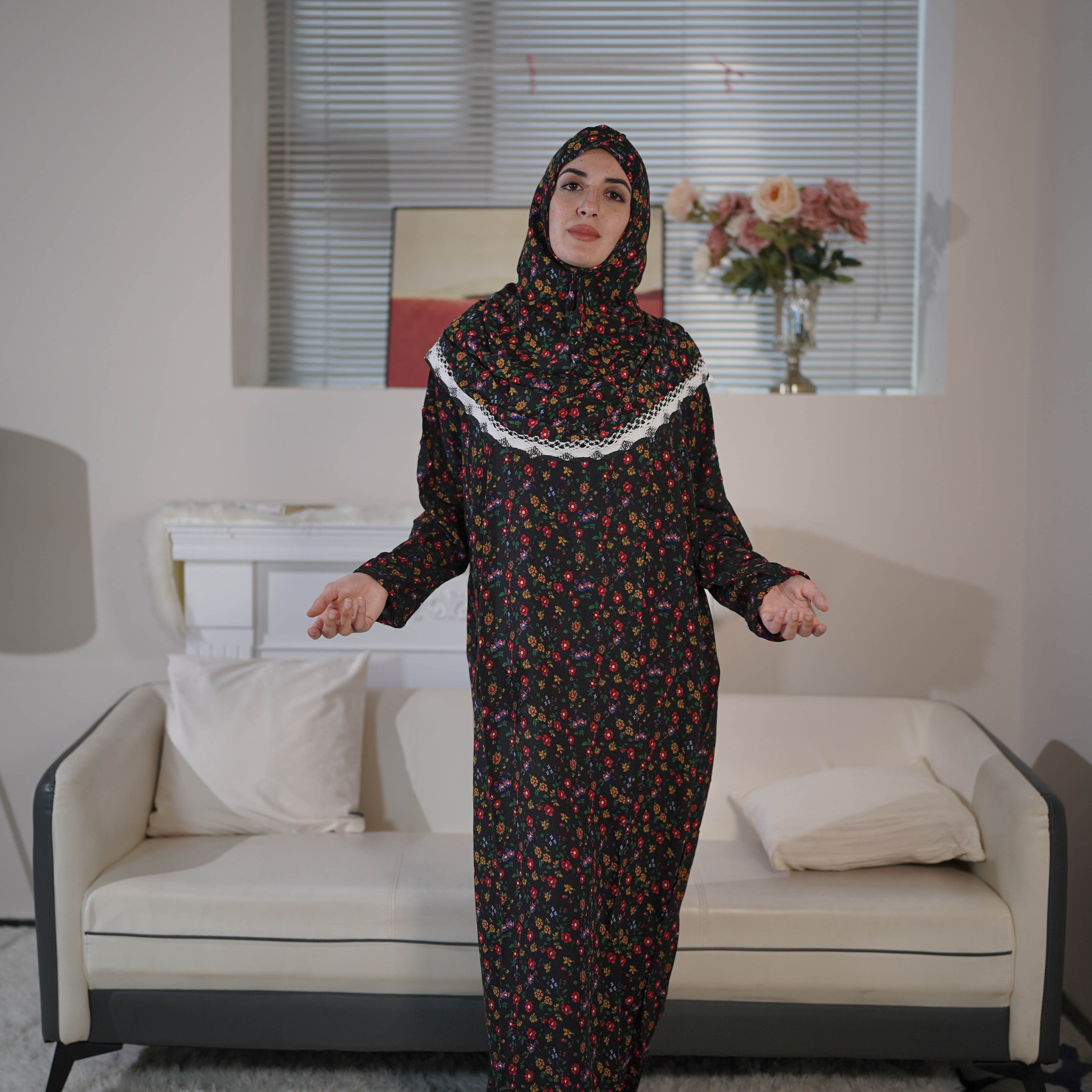 Vestido abaya para mujer, de rayón con estampado floral, con capucha, ropa modesta islámica para oración