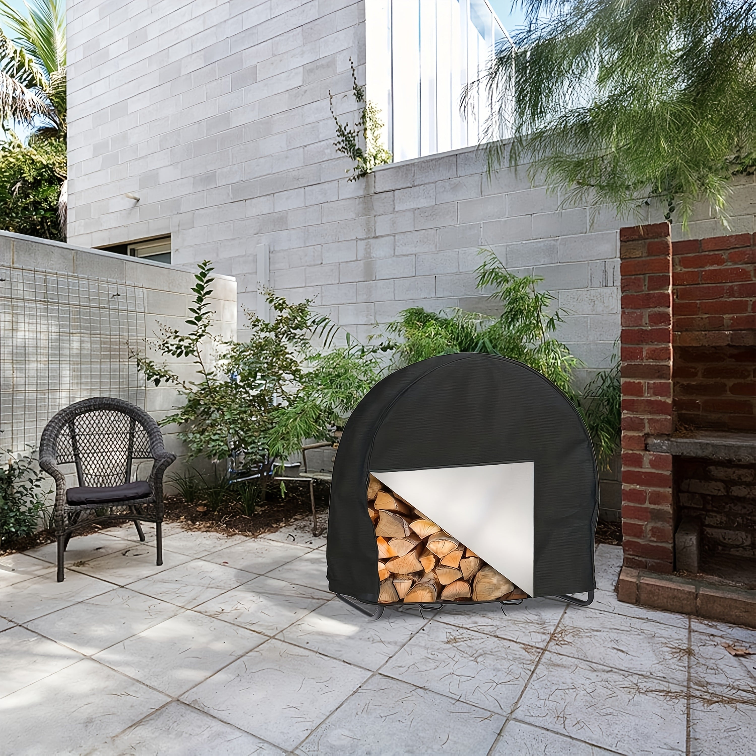 Waterproof Outdoor Log Rack Cover with Zipper and Wind Buckle for Firewood Storage