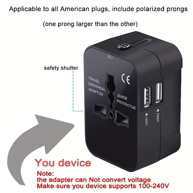 Adaptador de cargador de viaje universal con puertos USB duales, convertidor de enchufe multi-región, protector contra sobretensiones