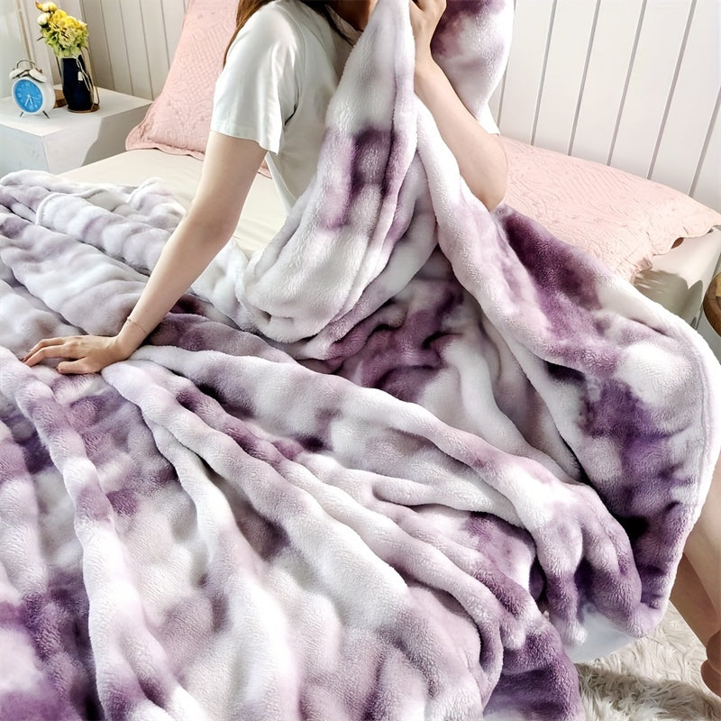 Faux Rabbit Fur Bed Blanket Tie-Dye Plush Flannel Dual Layer Cozy for Sofa Bed