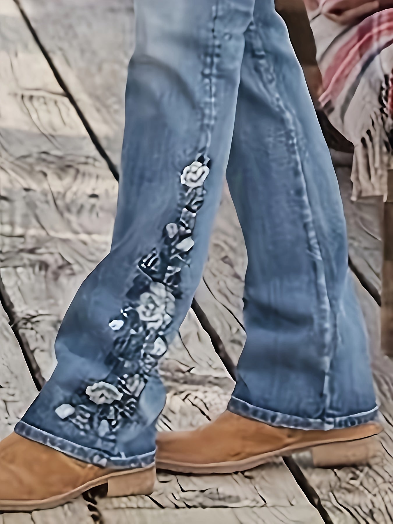 Plus Size Women's Casual Denim Jeans High Rise Floral Embroidery Bootcut