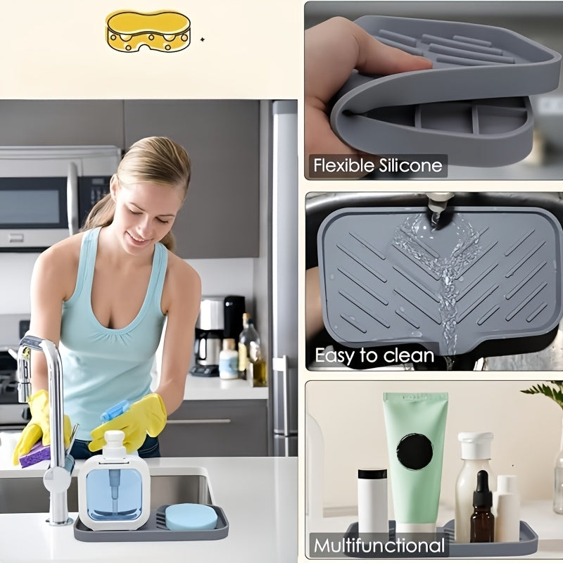 Flexible Silicone Sink Organizer with Non-Slip Drain Pad and Splash-Proof Cover