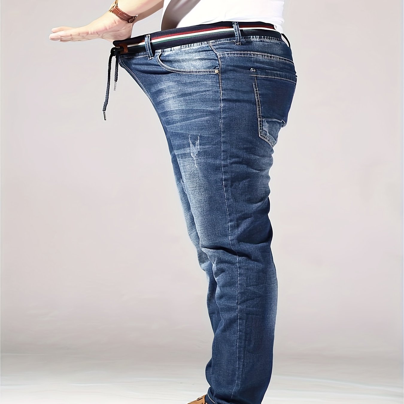Plus Size Men's Slim Fit Jeans with Stretch Cotton Blend Ribbed Waistband Belt All-Season Denim