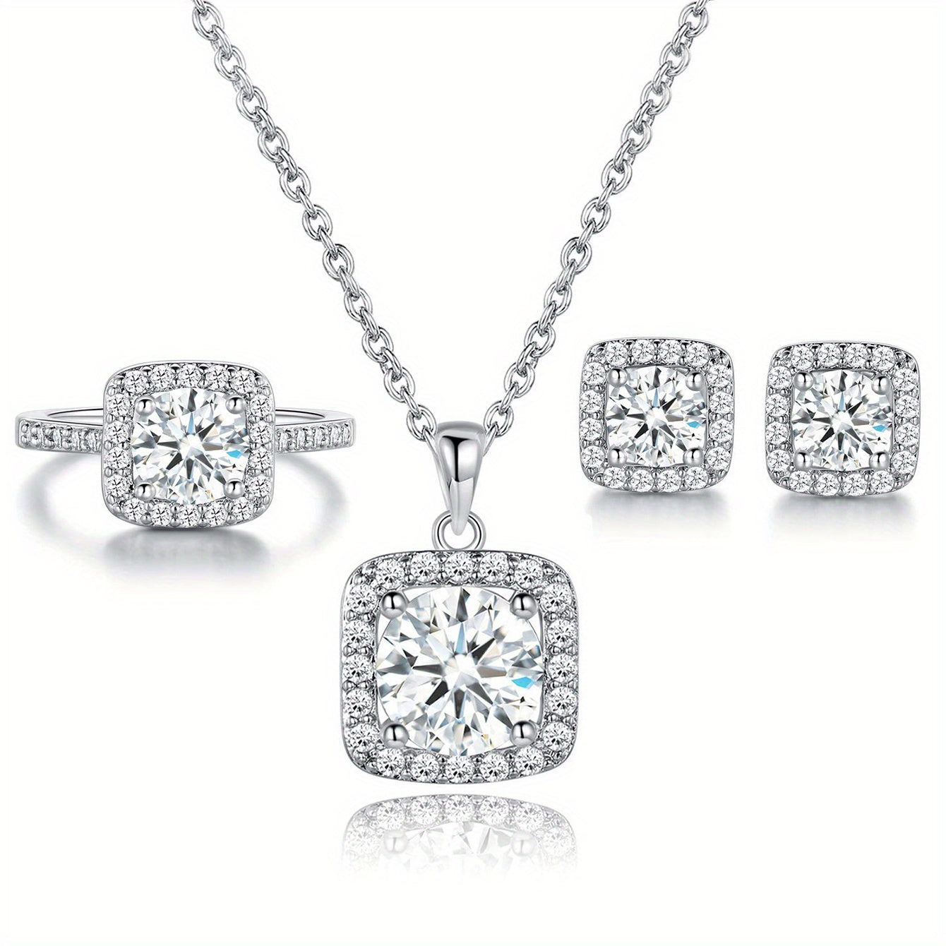 Square Zirconia Jewelry Set Necklace Earrings Ring Gold Plated Bridal Gift