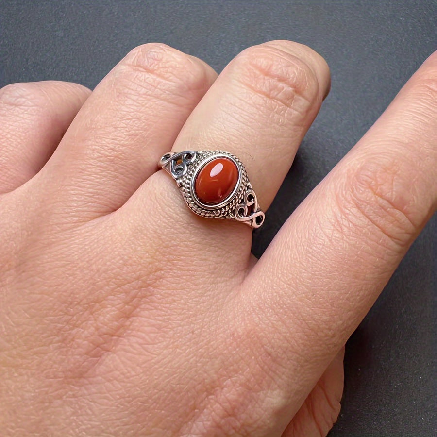 Women's Ring Retro Ethnic Style Silver Inlay Red Coral Stone Gift