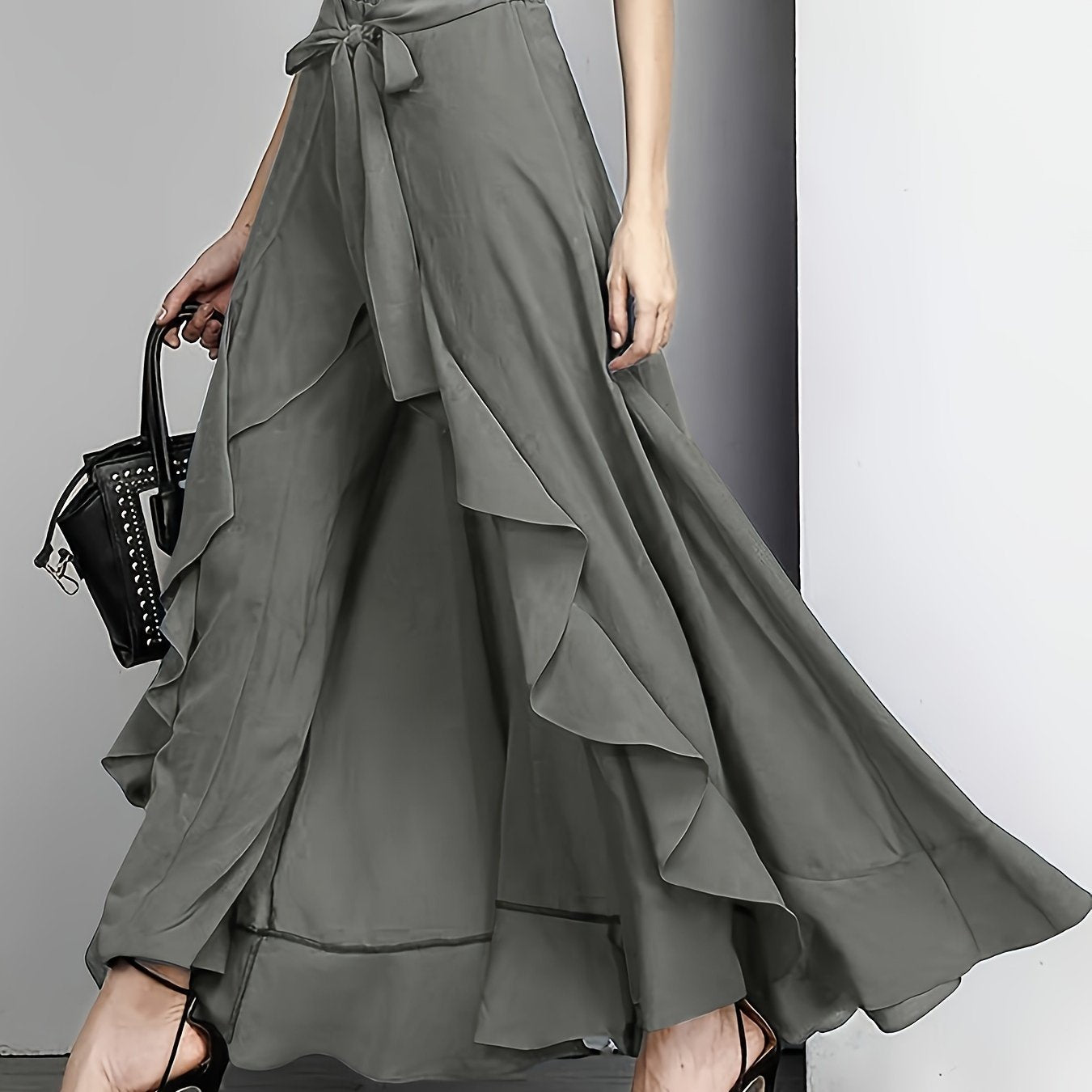 Pantalones acampanados con volantes de color sólido para mujer en 100% poliéster, de pierna recta para todas las estaciones