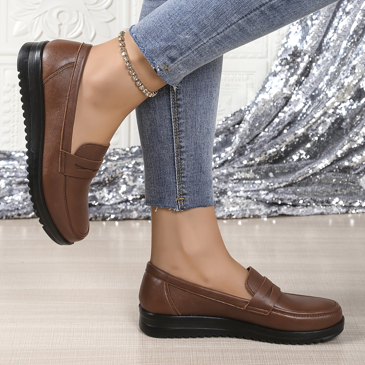 Women's PU Slip-On Flats Casual Shoes Brown Black All-Day Comfort