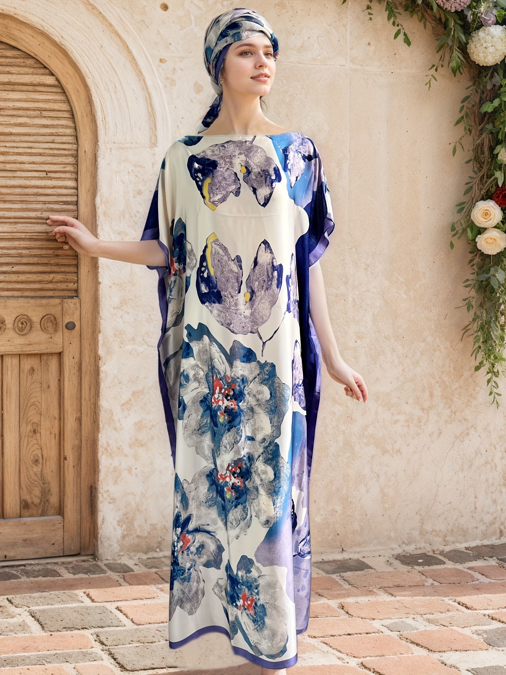 Plus Size Women's Maxi Dress Floral Batwing Sleeves Purple Blue Formal Casual