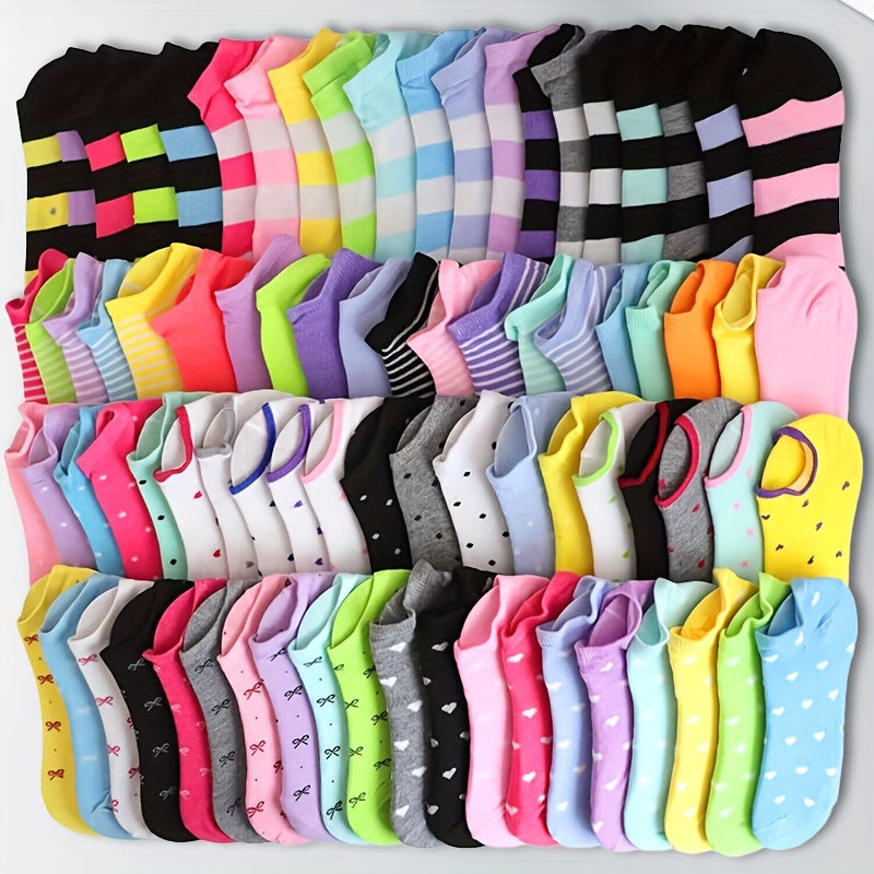 20 Pairs Women's Rainbow Low-Cut Socks with Heart Bow Stripe Prints 100% Polyester