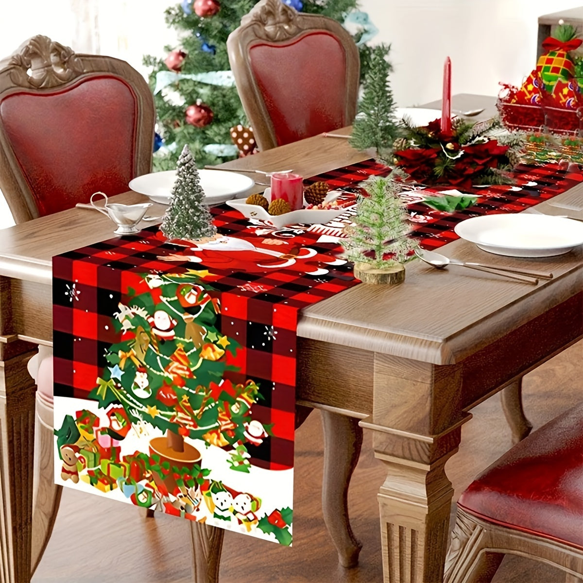 Polyester Christmas Table Runner with Santa Claus and Reindeer Design for Holiday Decor