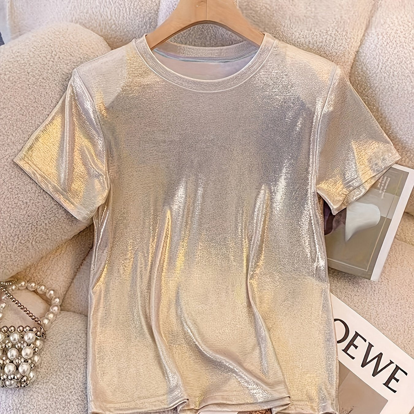 Women's French-Inspired Sparkle Princess T-Shirt Crew Neck Polyester Blend Casual