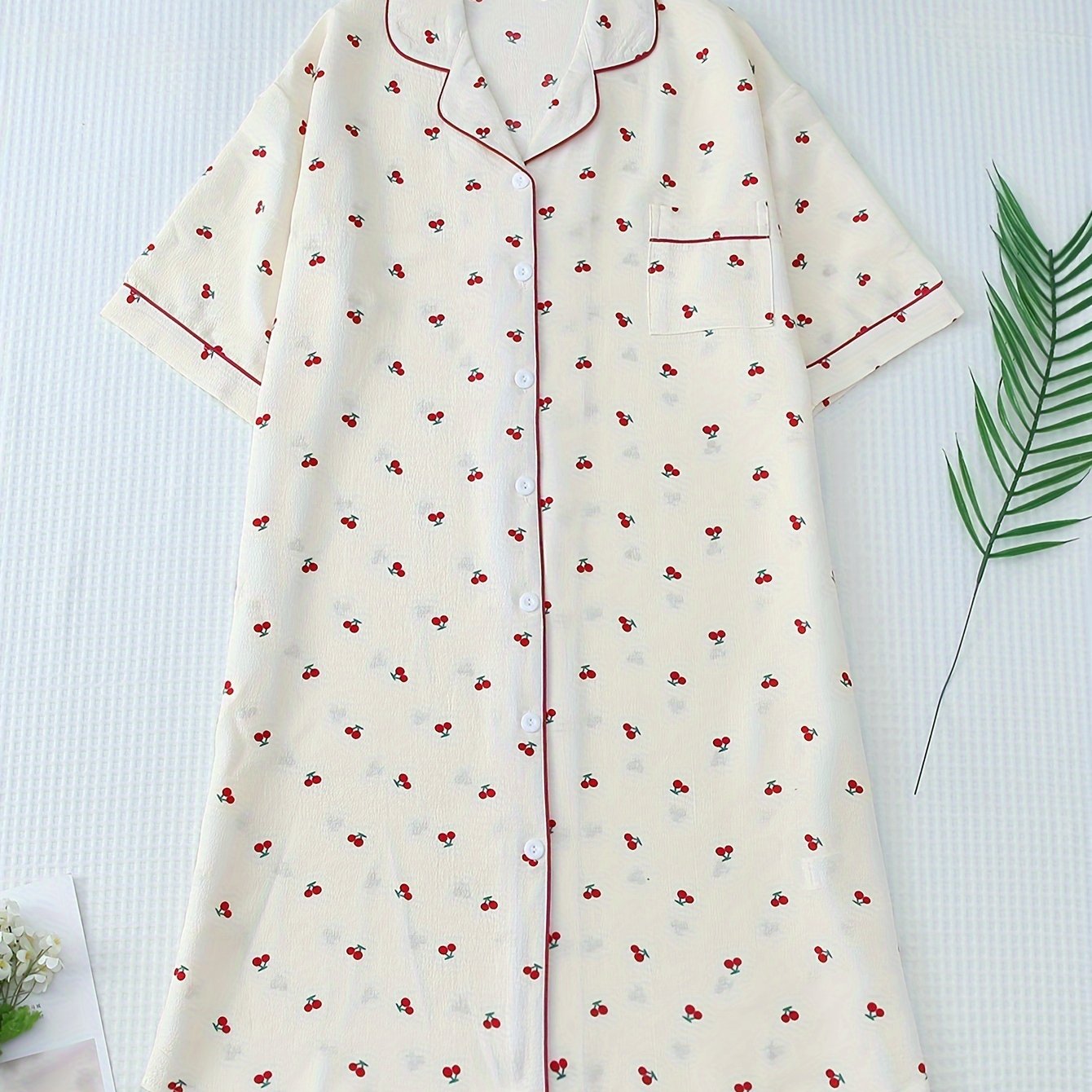 Women's Plus Size Cherry Print Cotton Sleep Dress Short Sleeve Nightshirt
