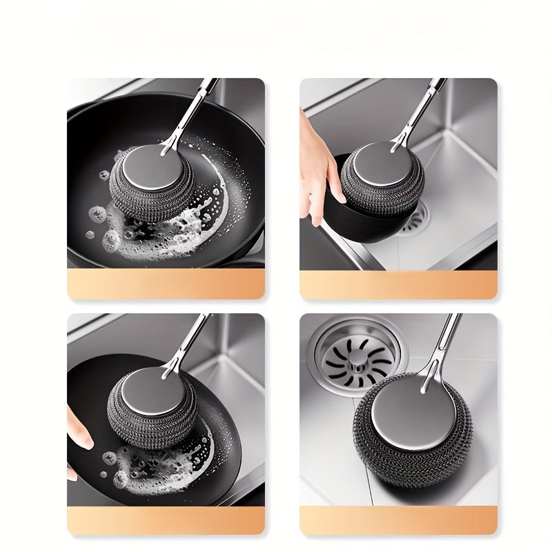 Stainless Steel Pan Scrubber with Long Handle, Durable Pot Cleaner, Multi-Purpose