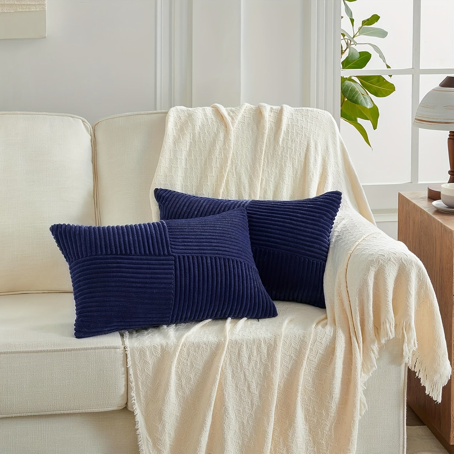 Bohemian Style Corduroy Throw Pillow Covers 2-Pack 45.72x45.72 cm Zippered Polyester Square Cushion Cases for Sofa Bed