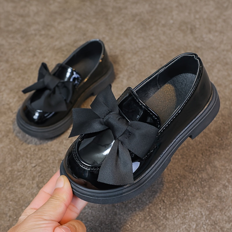 Girls Spring Black Loafers with Bow Non-Slip Rubber Sole Casual Shoes