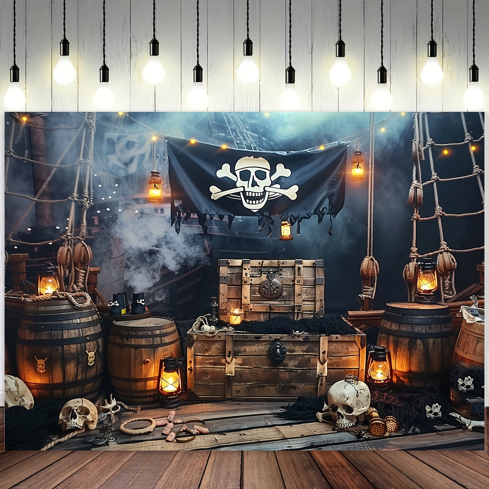 Bolalar partiyalari uchun qaroqchi mavzusidagi polyester fon, Jolly Roger kemasi palubasi dizayni bilan. Ikkita o'lchamda mavjud. Ichki yoki tashqi bezatish uchun ideal.