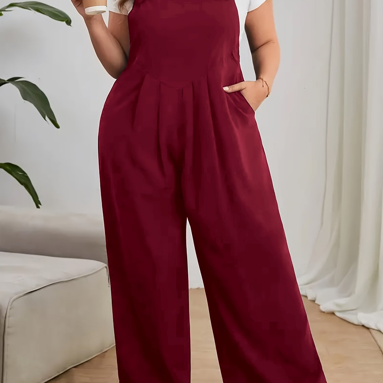 Pantalones de mono para mujer talla grande con bolsillos, tirantes ajustables y piernas anchas