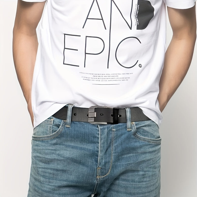 Cinturón de cuero PU negro con hebilla cuadrada de aleación para hombres casuales y de negocios