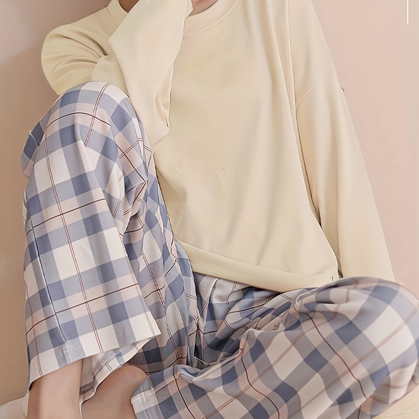 Teen Plaid Long Sleeve Pajama Set for Spring and Fall Polyester Casual Home Wear