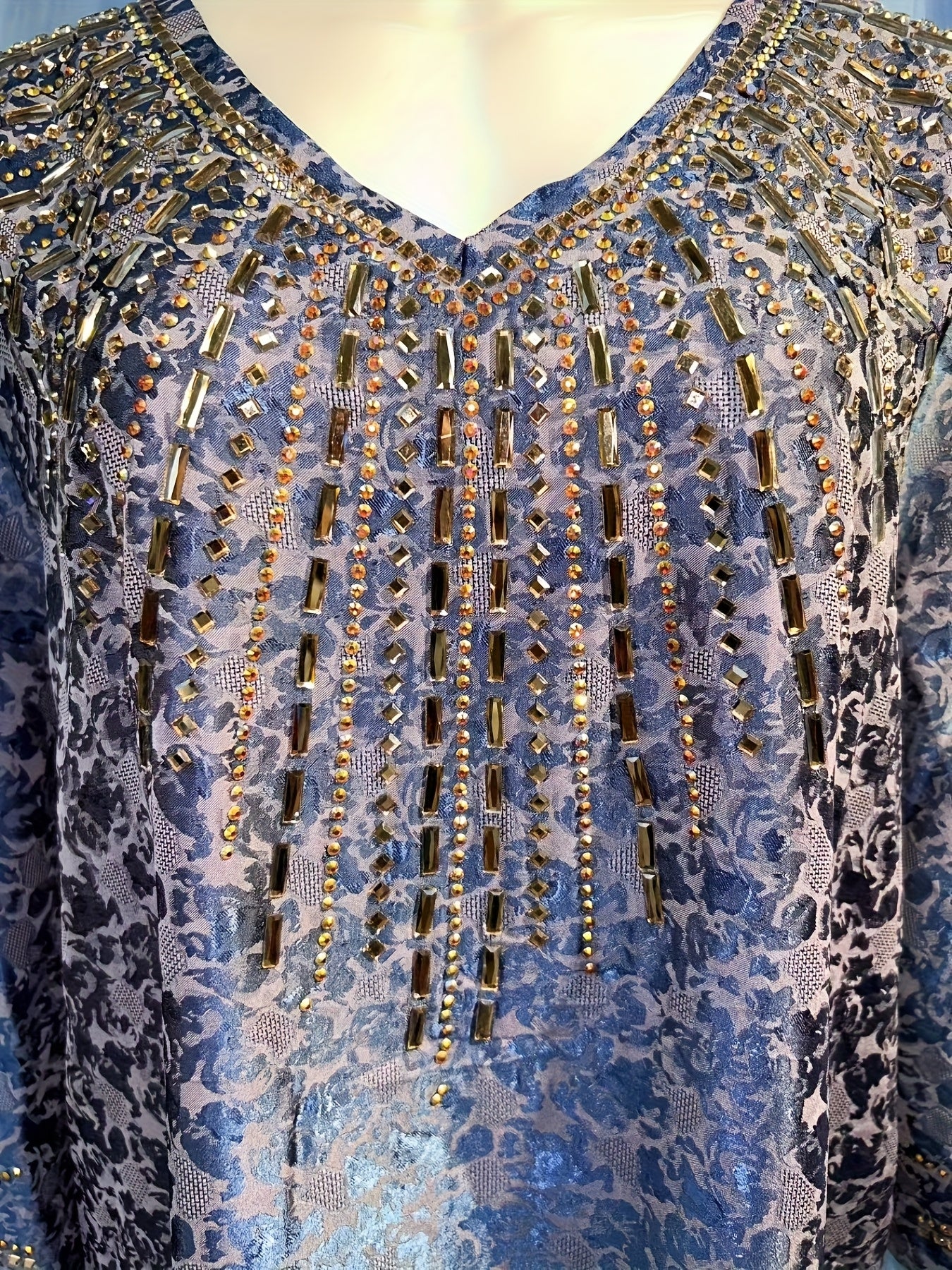 Plus Size Blue Floral Abaya with Rhinestone Embellishments Comfortable Breathable Fabric