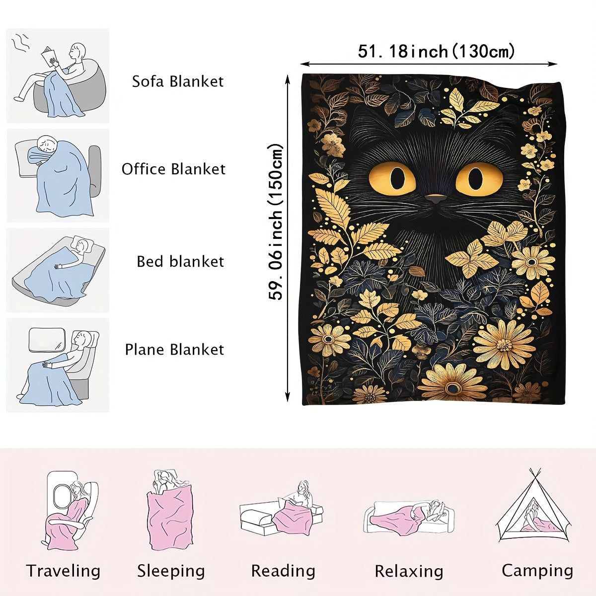 Black Cat Throw Blanket Soft Plush Flannel All-Season Cozy Gift
