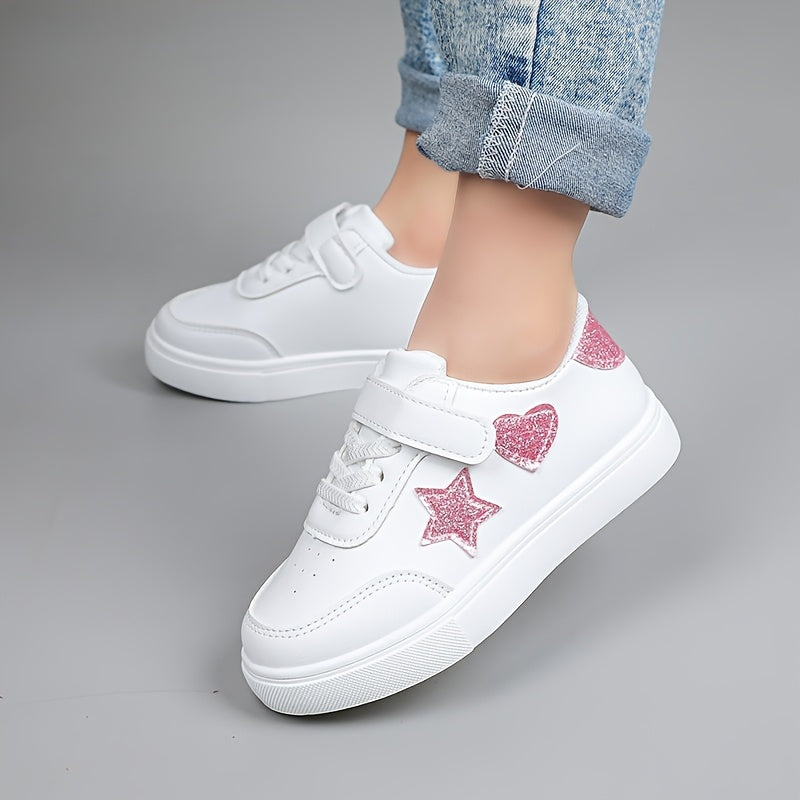 Girls' All-Season Heart and Star Pattern Sports Sneakers Low Top Lace-Up Shoes for Outdoor Activities