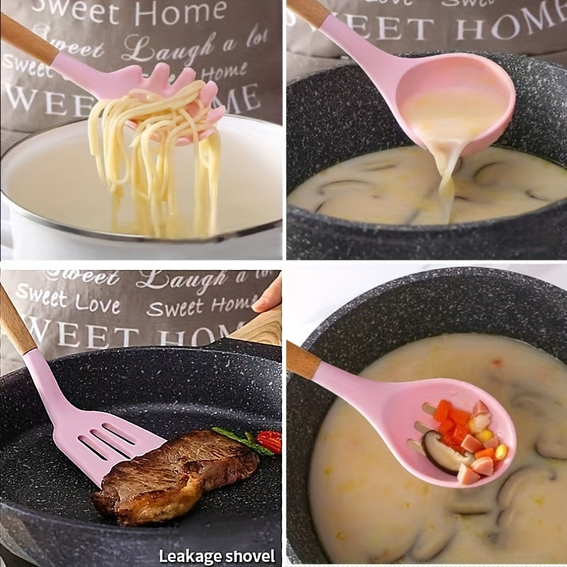 Juego de utensilios de cocina antiadherentes de 5 piezas con mangos de madera, apto para alimentos, para freír y servir sopa