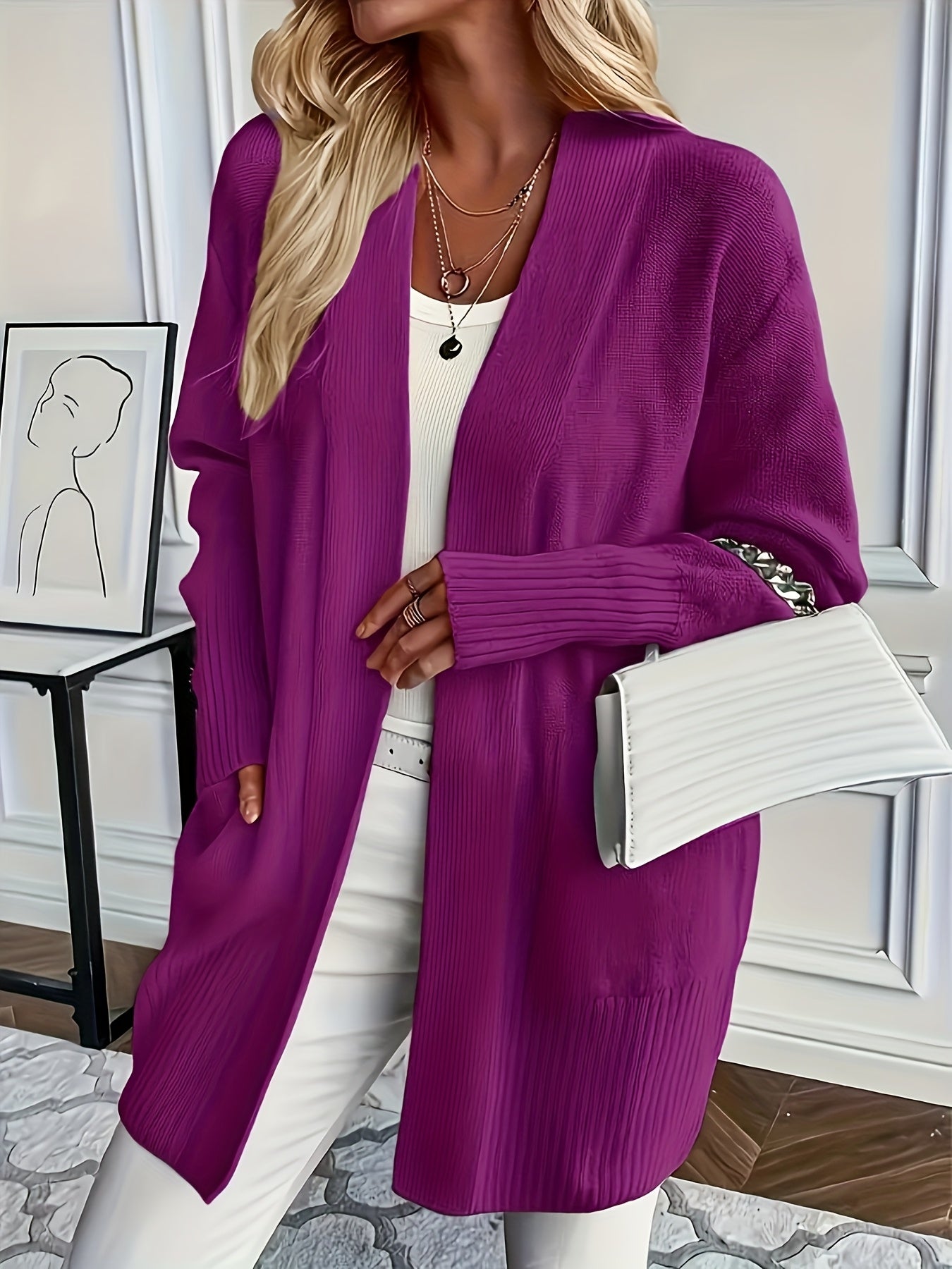 Women's Purple Knit Cardigan Open Front Sweater Long Sleeves