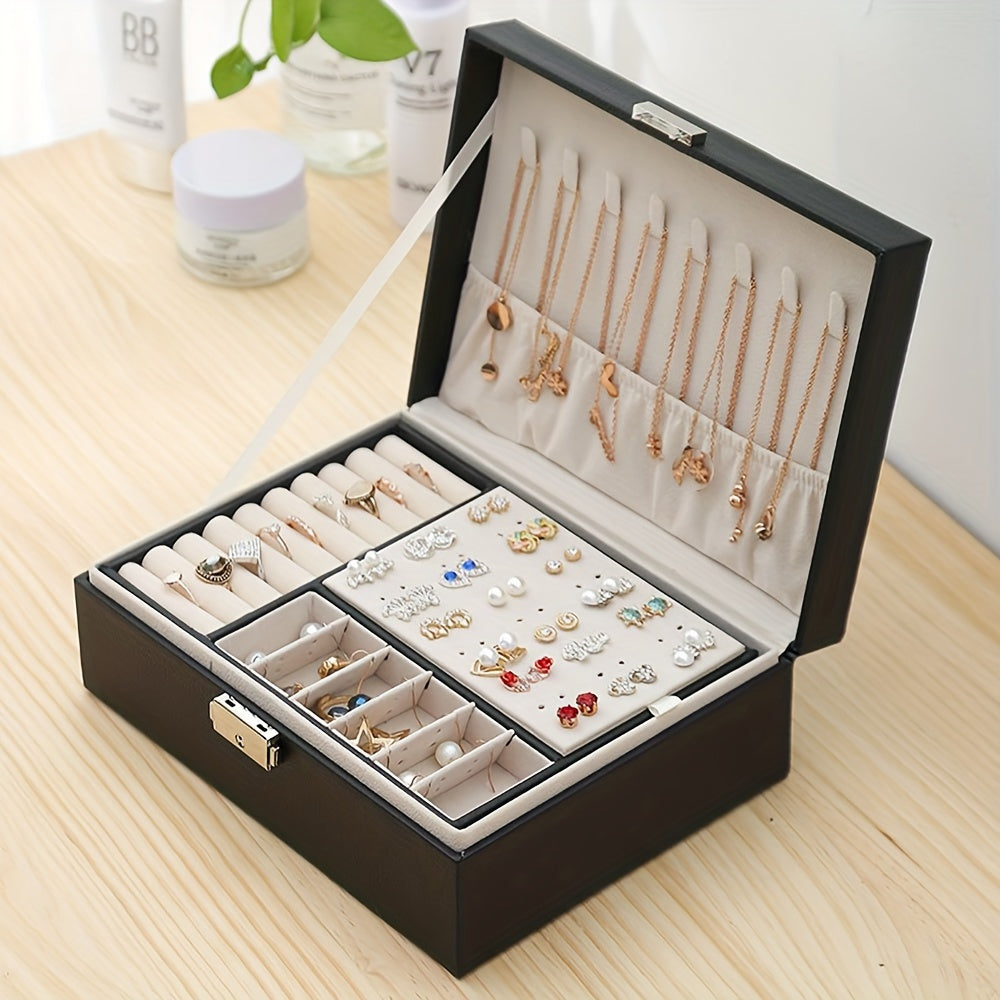 Double Layer Jewelry Organizer with Lock Faux Leather Storage for Rings Necklaces Earrings