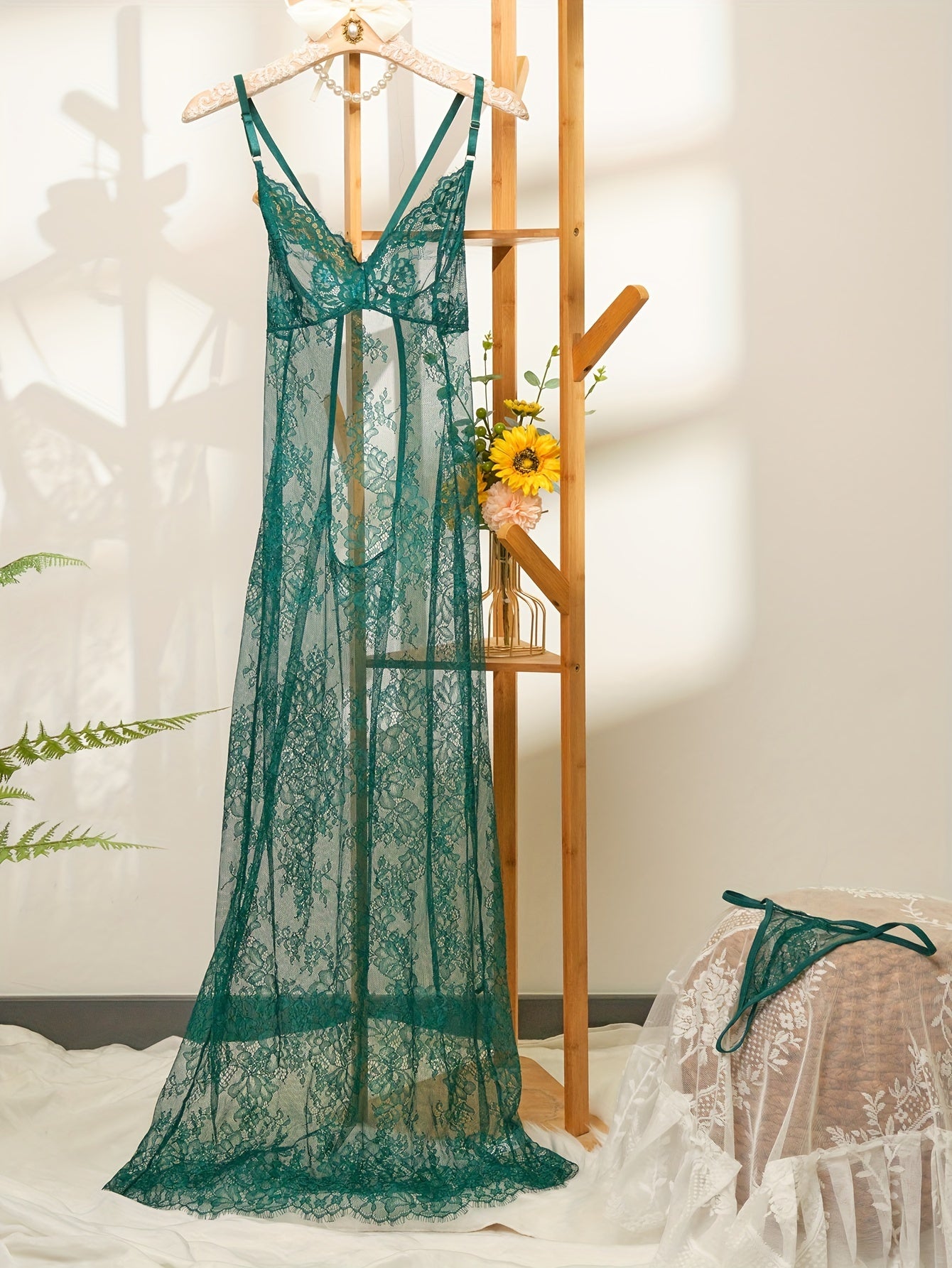 Semi-Sheer Cut-Out Back Maxi Dress Set with Thong Nightdress