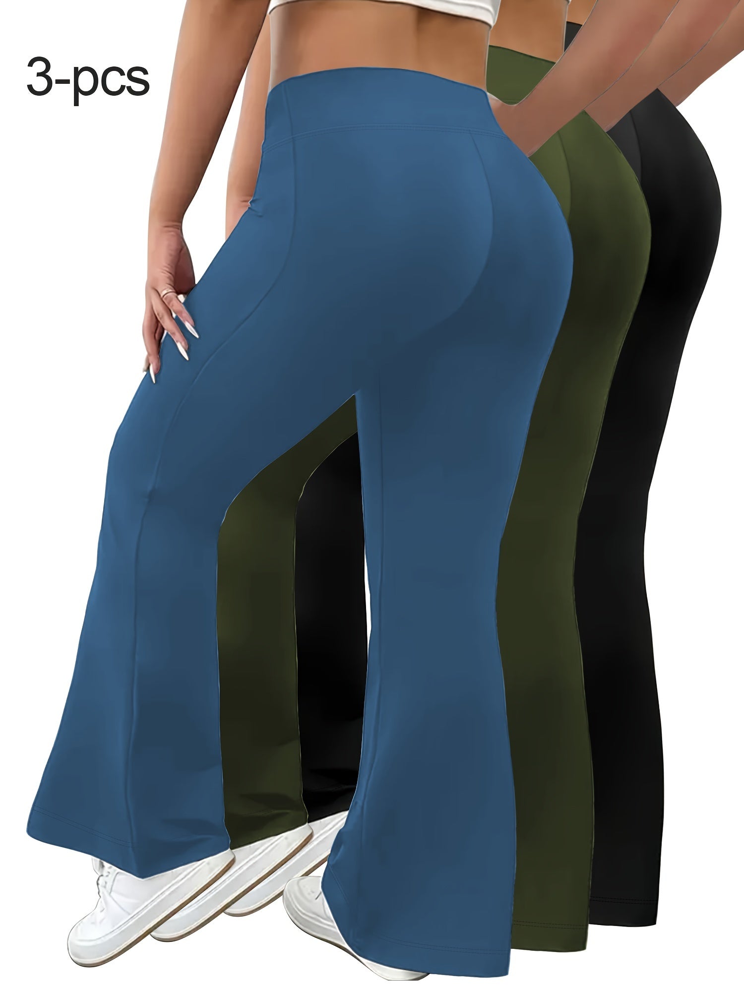 Plus Size Flare Leg Pants Pack High Waist Polyester Knit Stretchy Spring Summer Fall