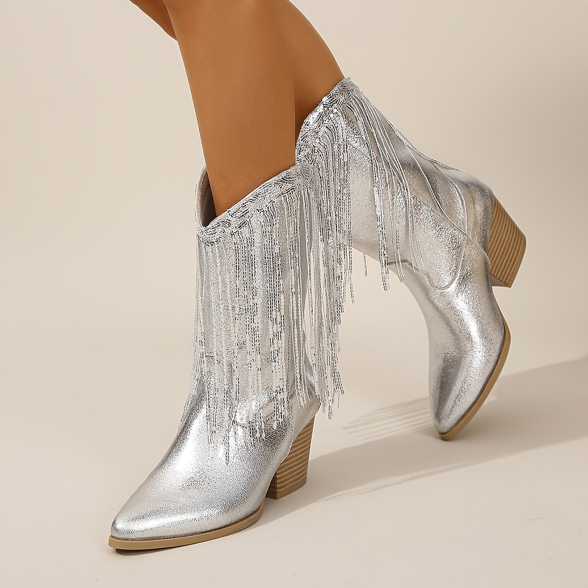 Women's Sequin Tassel Slip-On High Heel Fashion Boots