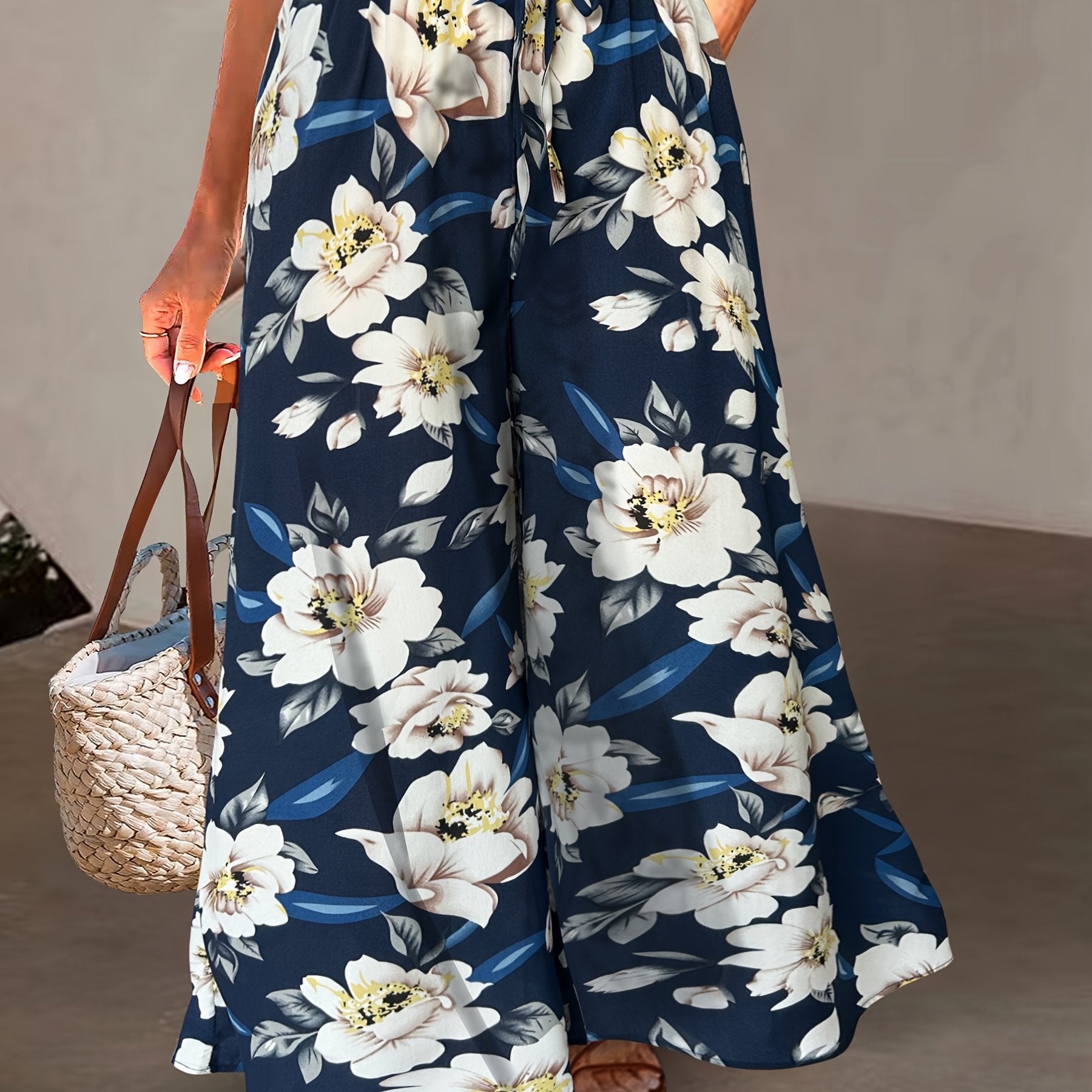 Women's Plus Size Floral Wide Leg Pants Elastic Waist Pockets