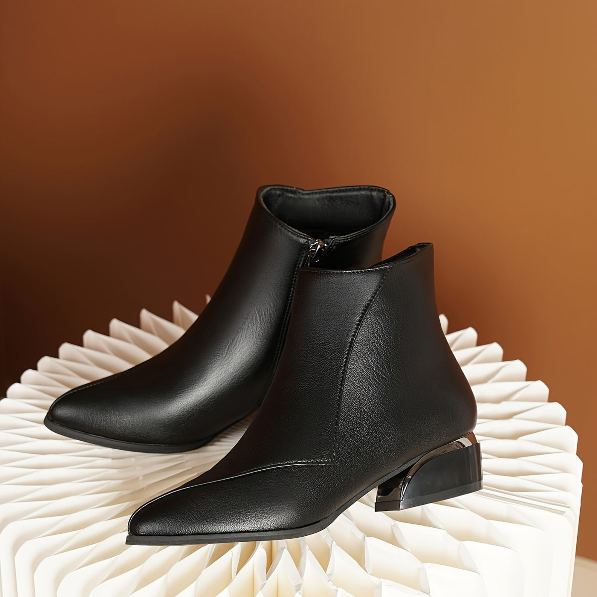 Women's Chelsea Boots Leather Pointed Toe Ankle Zipper Chunky Heel